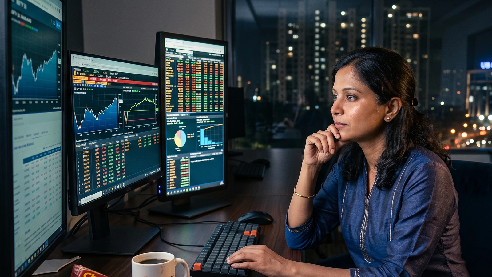 Shoonya campaign image of a woman reviewing trading charts at her workstation