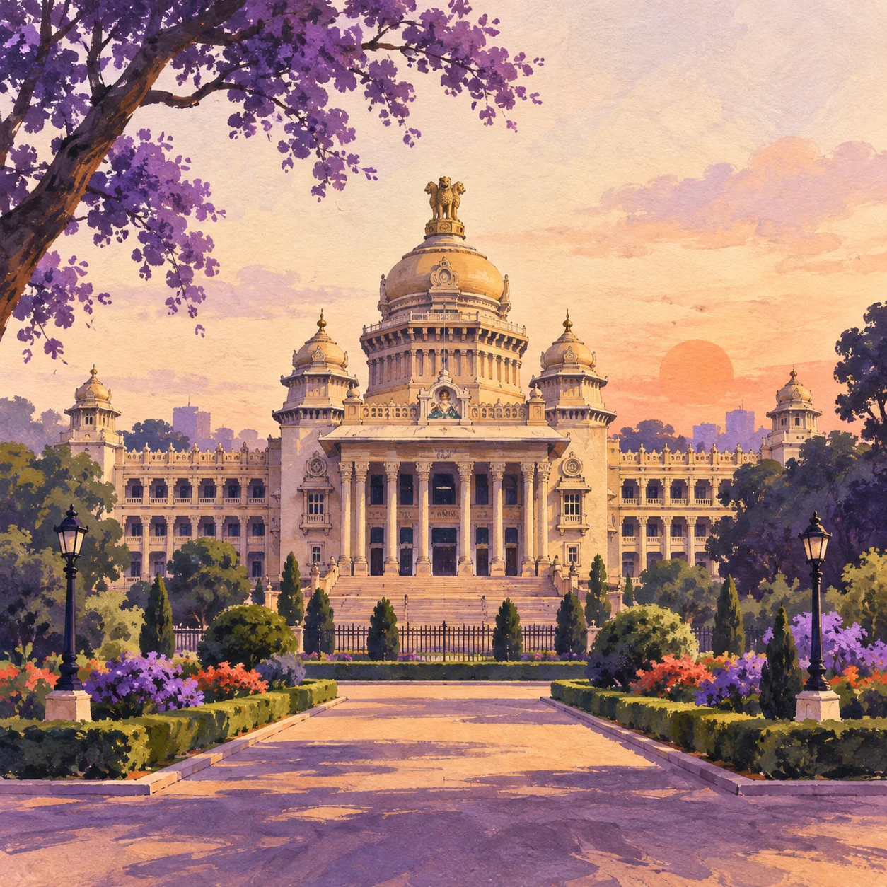 Hand-painted illustration of Vidhana Soudha in Bengaluru