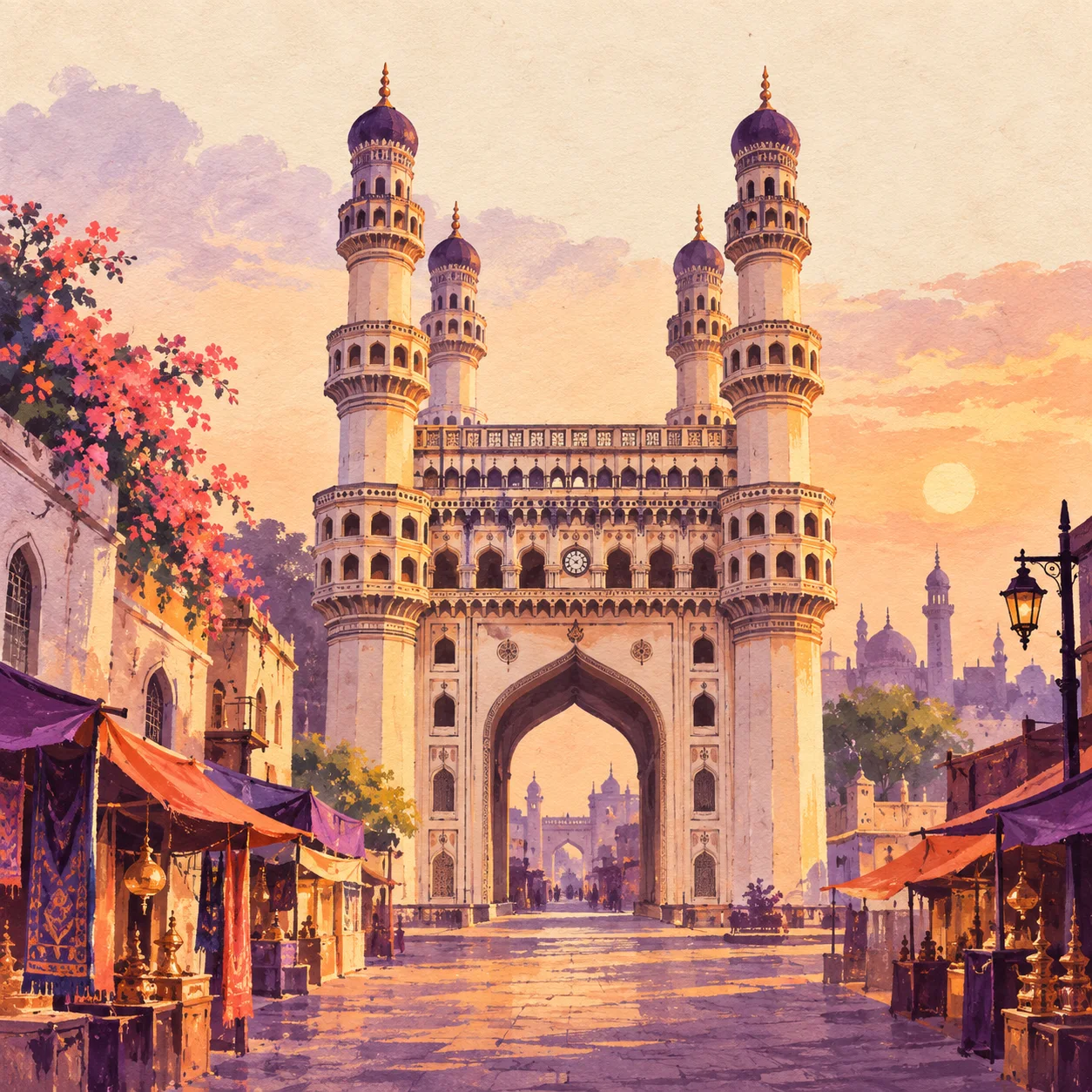 Hand-painted illustration of Charminar in Hyderabad