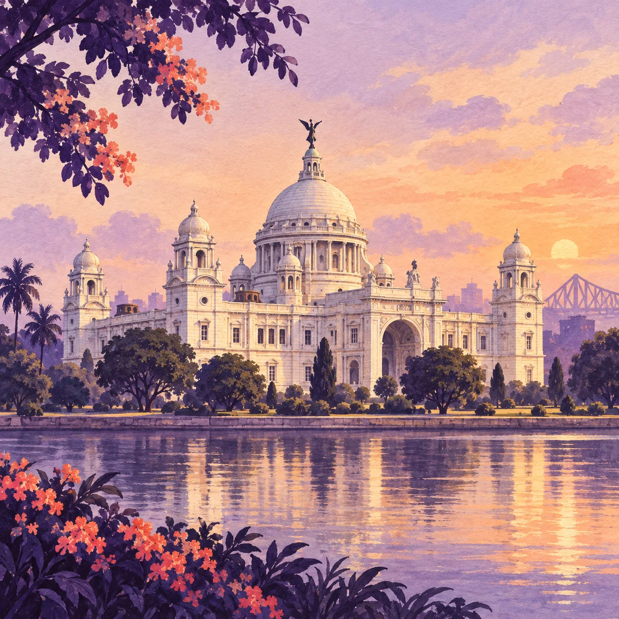 Hand-painted illustration of Victoria Memorial in Kolkata