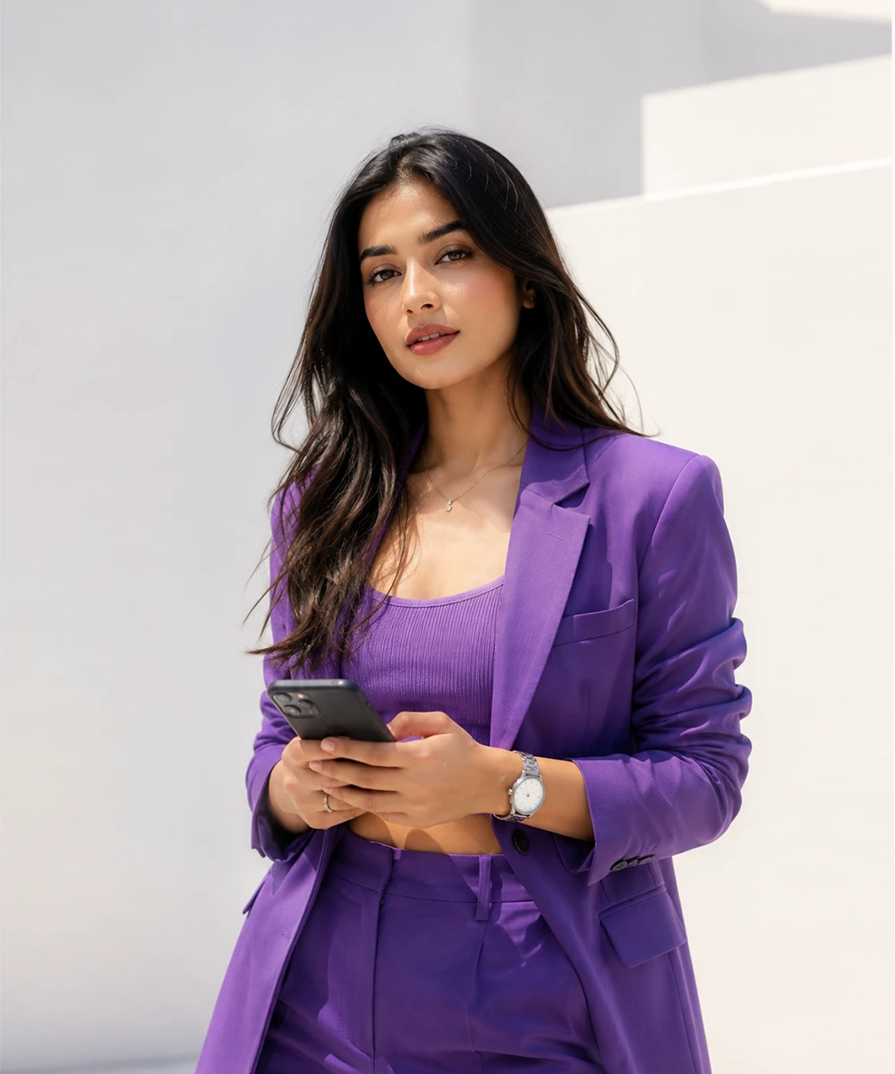 Creator holding a phone and smiling