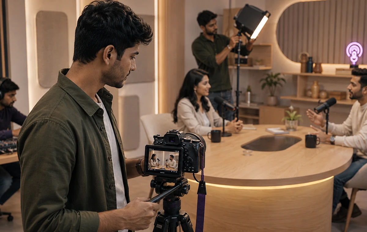Podcast host recording a video conversation in a studio