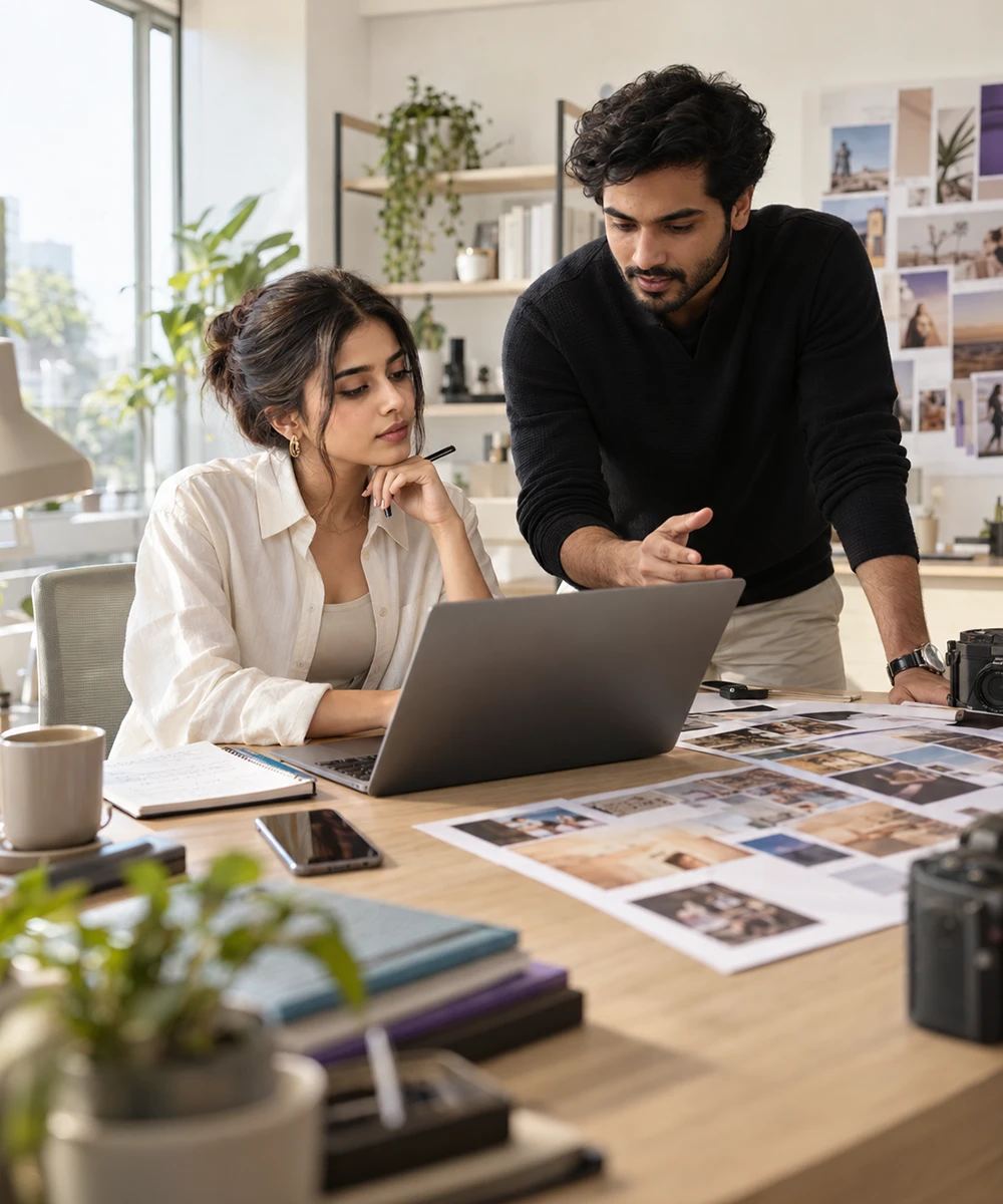 Creator reviewing campaign ideas in a studio