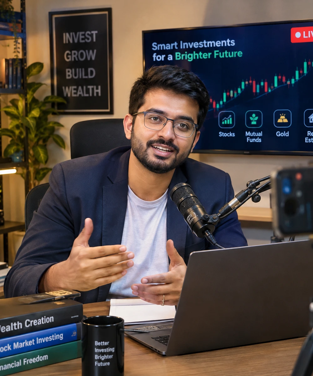 Shoonya financial creator explaining an investment platform in a studio