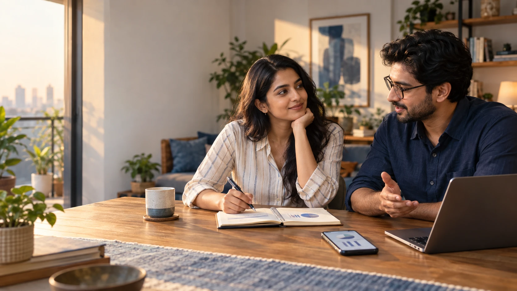 Stable Money creator explaining financial planning in a warm home setting