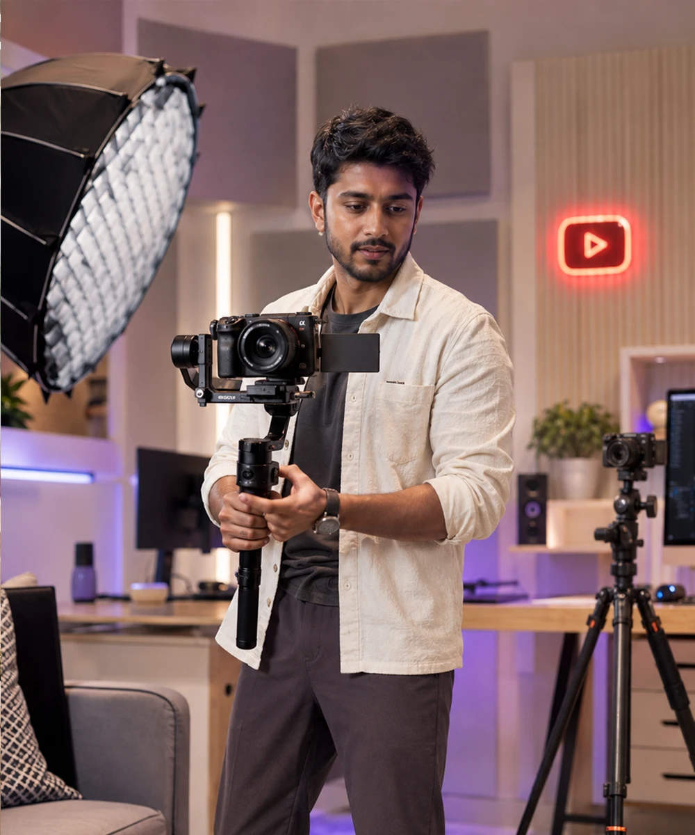 Creator and filmmaker collaborating on a YouTube production set