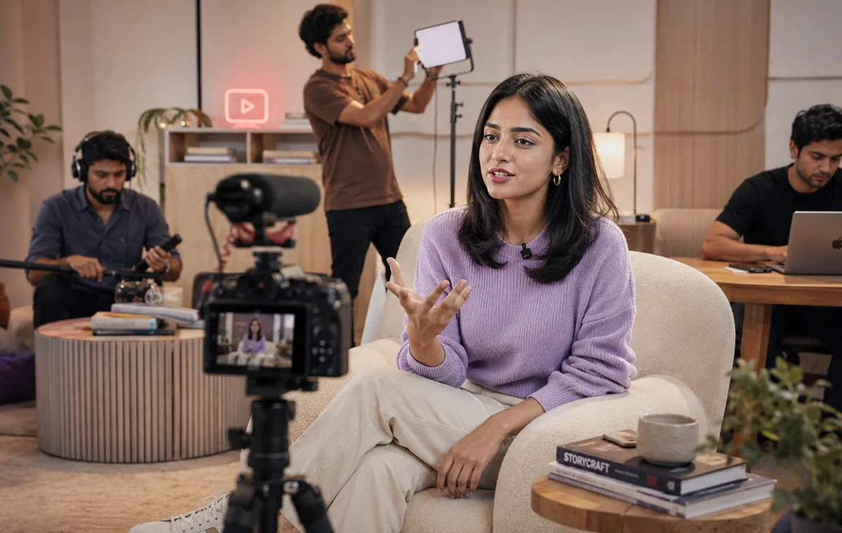 Creator recording an episode in a considered studio setup